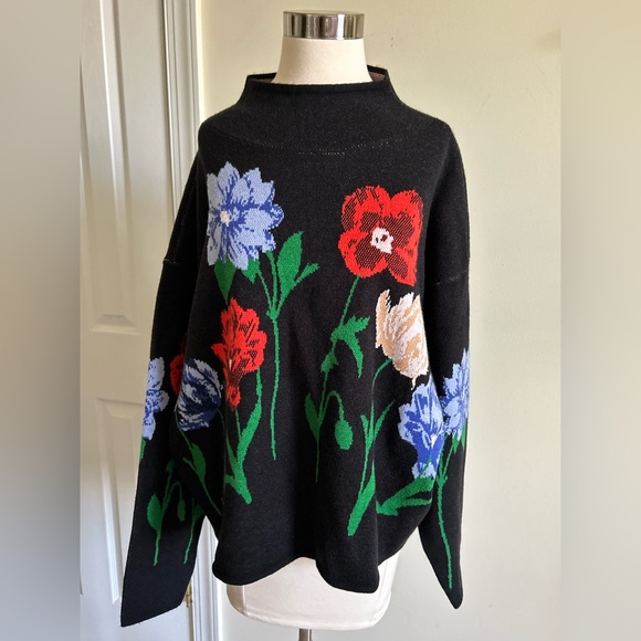 Anthropologie Maeve NWT Carys Mock Neck Sweater Black Flowers Graphics size XL - Picture 3 of 12